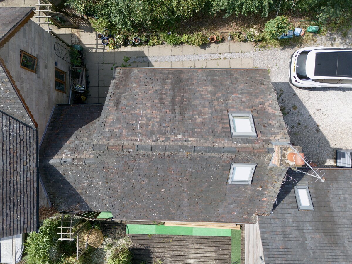 Close-range aerial view of adjoining roof slopes and roof channels